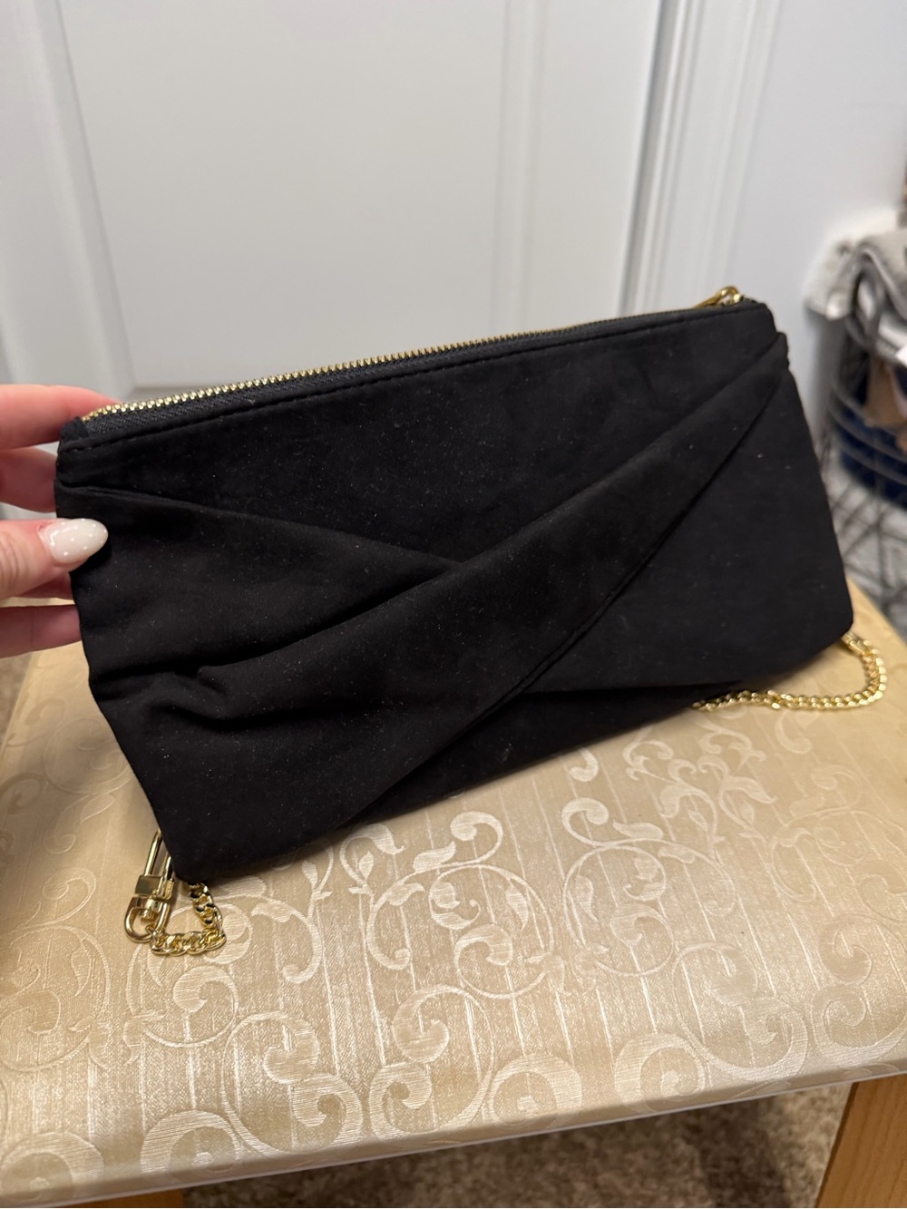 Express Black Suede Fold-Front Wristlet Clutch with Gold Chain